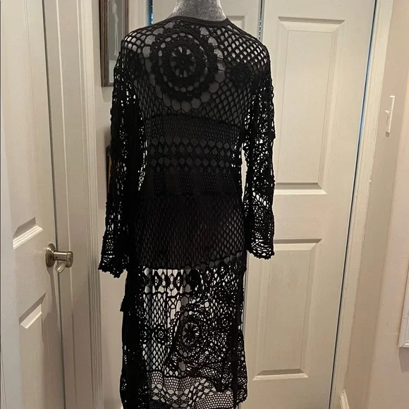 Women’s Black Crochet Knit Open Front Tunic Sz Large - Picture 2 of 9